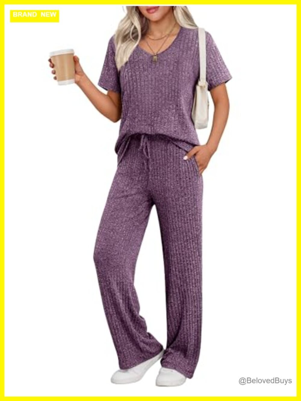 Ribbed Knit Lounge Set Short Sleeve Top and Long Pants Pajama Two Piece Set